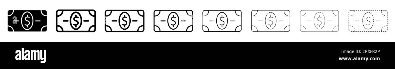 Set di banconote in dollari diverse forme di linea, disegno a linee sottili illustrazione vettoriale Illustrazione Vettoriale