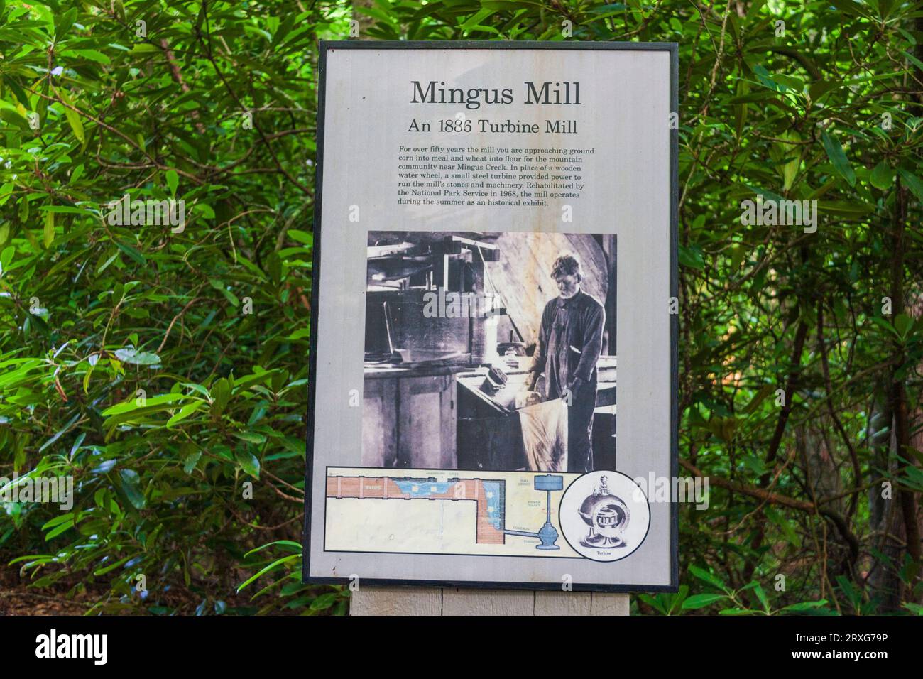 Mingus Mill, sito storico nel Great Smoky Mountains National Park nel North Carolina. Questo mulino a turbina del 1886 macina mais e frumento in farina. Foto Stock
