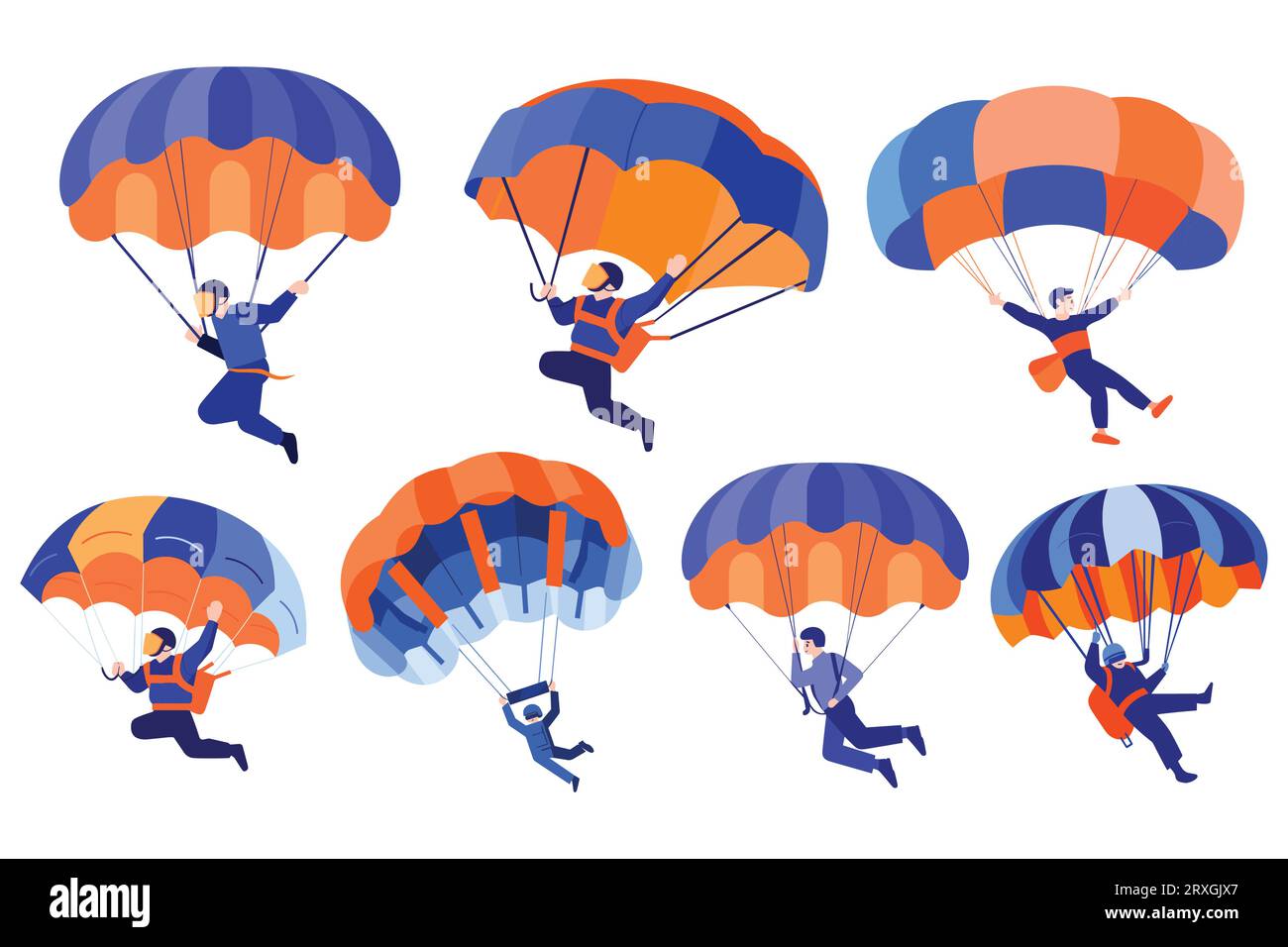 Avventuroso viaggiatore disegnato a mano che paracadutizza dal cielo in stile piatto isolato sullo sfondo Illustrazione Vettoriale