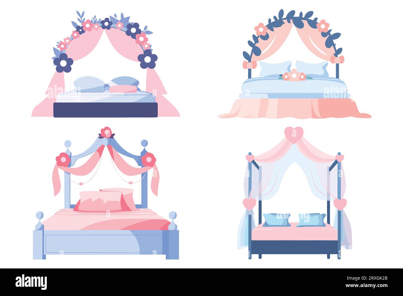 Letto matrimoniale disegnato a mano in stile piatto isolato sullo sfondo Illustrazione Vettoriale