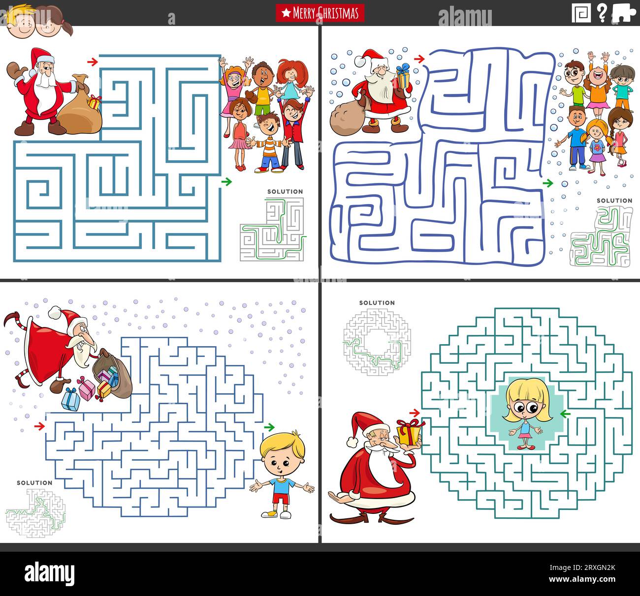 Illustrazione a cartoni animati di attività puzzle educative ambientate con Babbo Natale nel periodo natalizio con i bambini Illustrazione Vettoriale