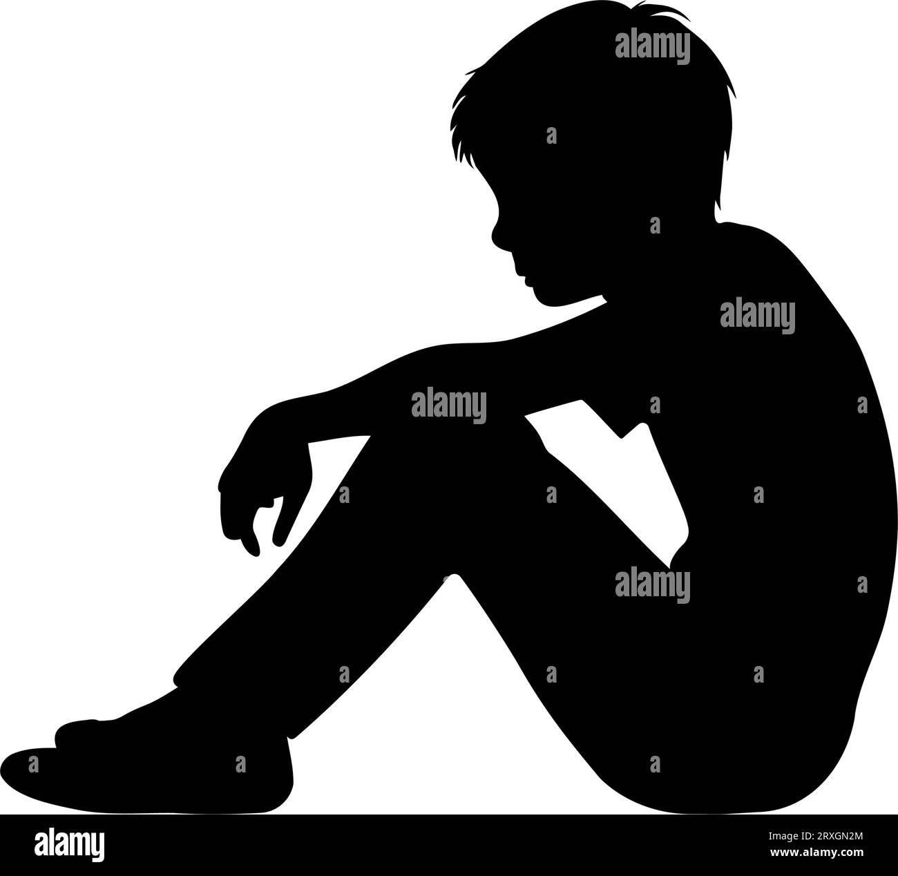 Una triste silhouette da ragazzo. Ritratto del profilo laterale seduto a terra. illustrazione vettoriale Illustrazione Vettoriale