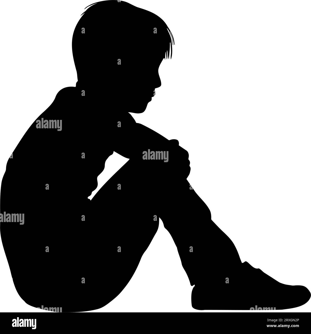 Profilo laterale ritratto silhouette di un ragazzo seduto a terra pensando o preoccupato. illustrazione vettoriale Illustrazione Vettoriale