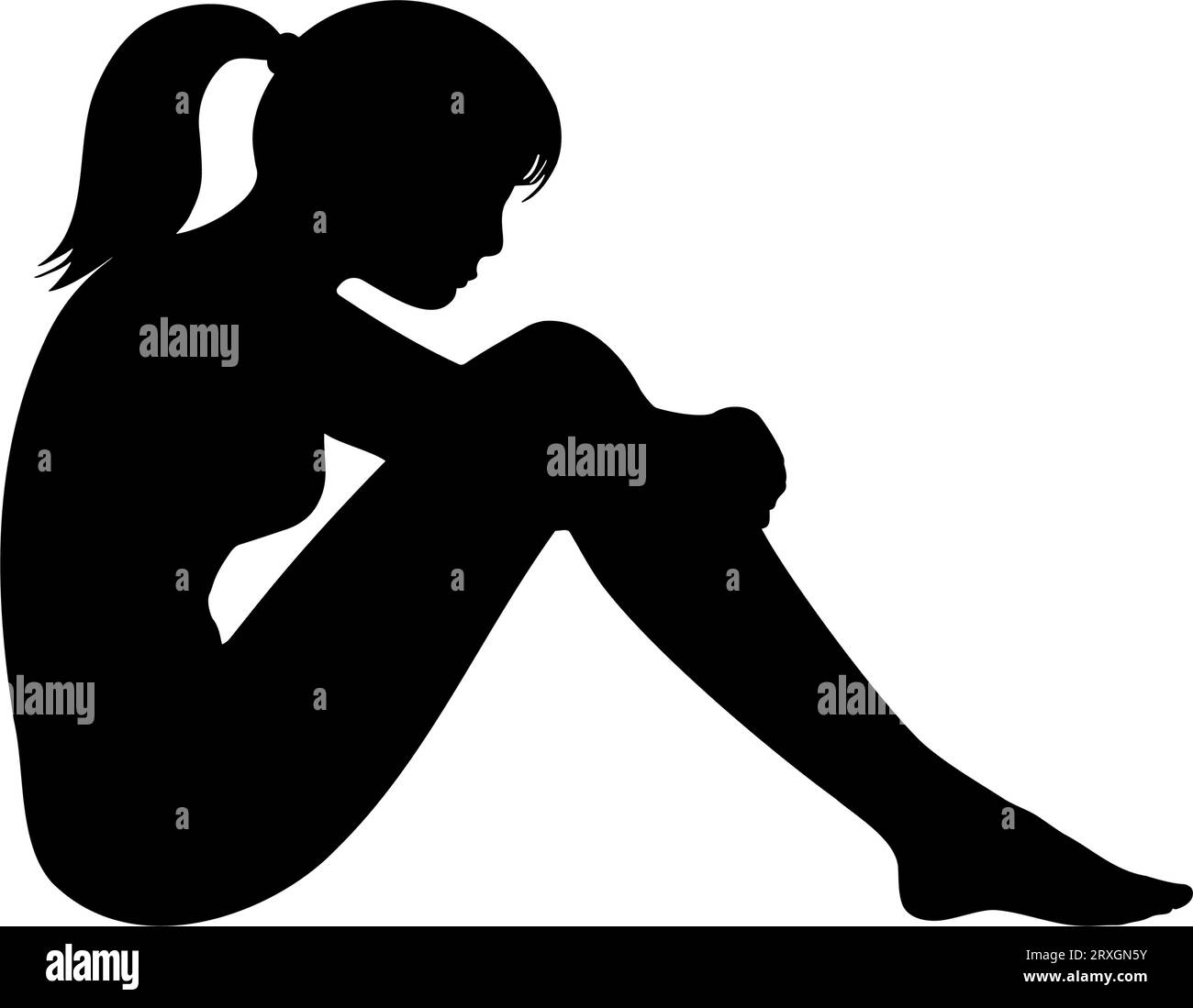 Depressa silhouette ragazza. Ritratto del profilo laterale seduto a terra. illustrazione vettoriale Illustrazione Vettoriale