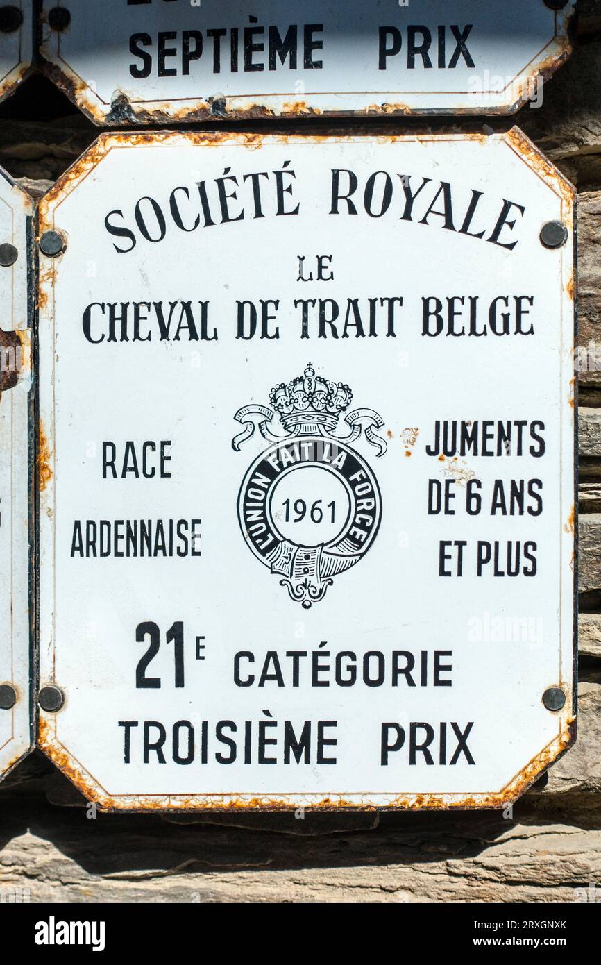 Targa di gara del draft belga smaltata della Société Royale de Cheval de Trait Belge per i cavalli da tiro belgi, Belgio Foto Stock