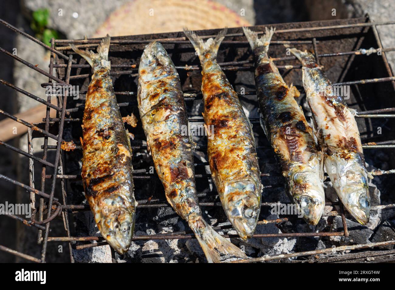 Grigliate di sardine all'aperto sulla strada di Porto Portogallo. Foto Stock