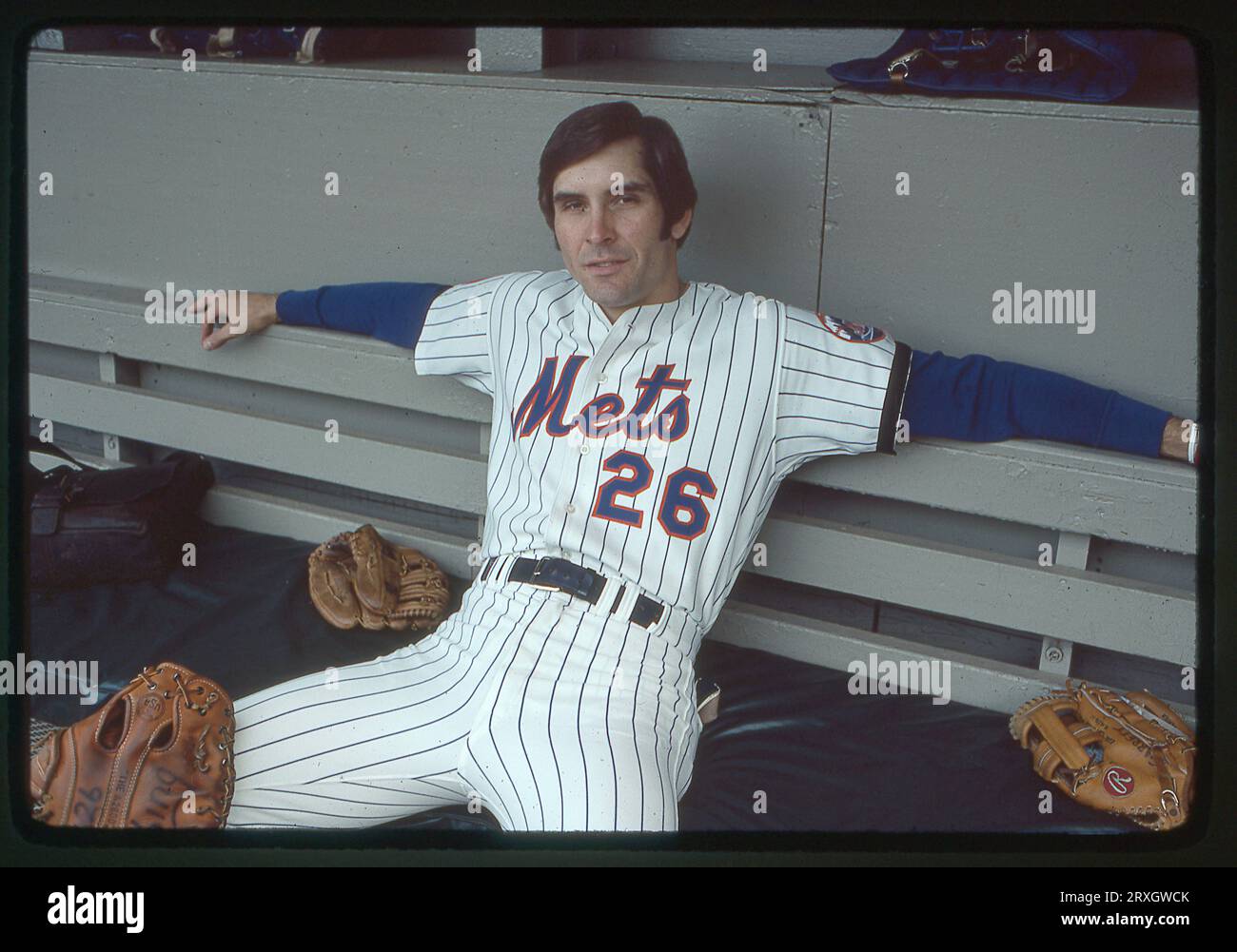 Una foto del 1978 dei New York Mets slugger Dave 'Kong' Kingman nel dugout dei Mets allo Shea Stdium nel Queens, New York City. Foto Stock