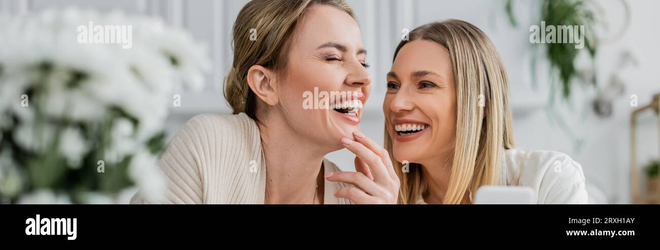 due sorelle bionde in un bell'abbigliamento che ridono e tengono in mano il telefono cellulare, il legame con la famiglia, lo striscione Foto Stock