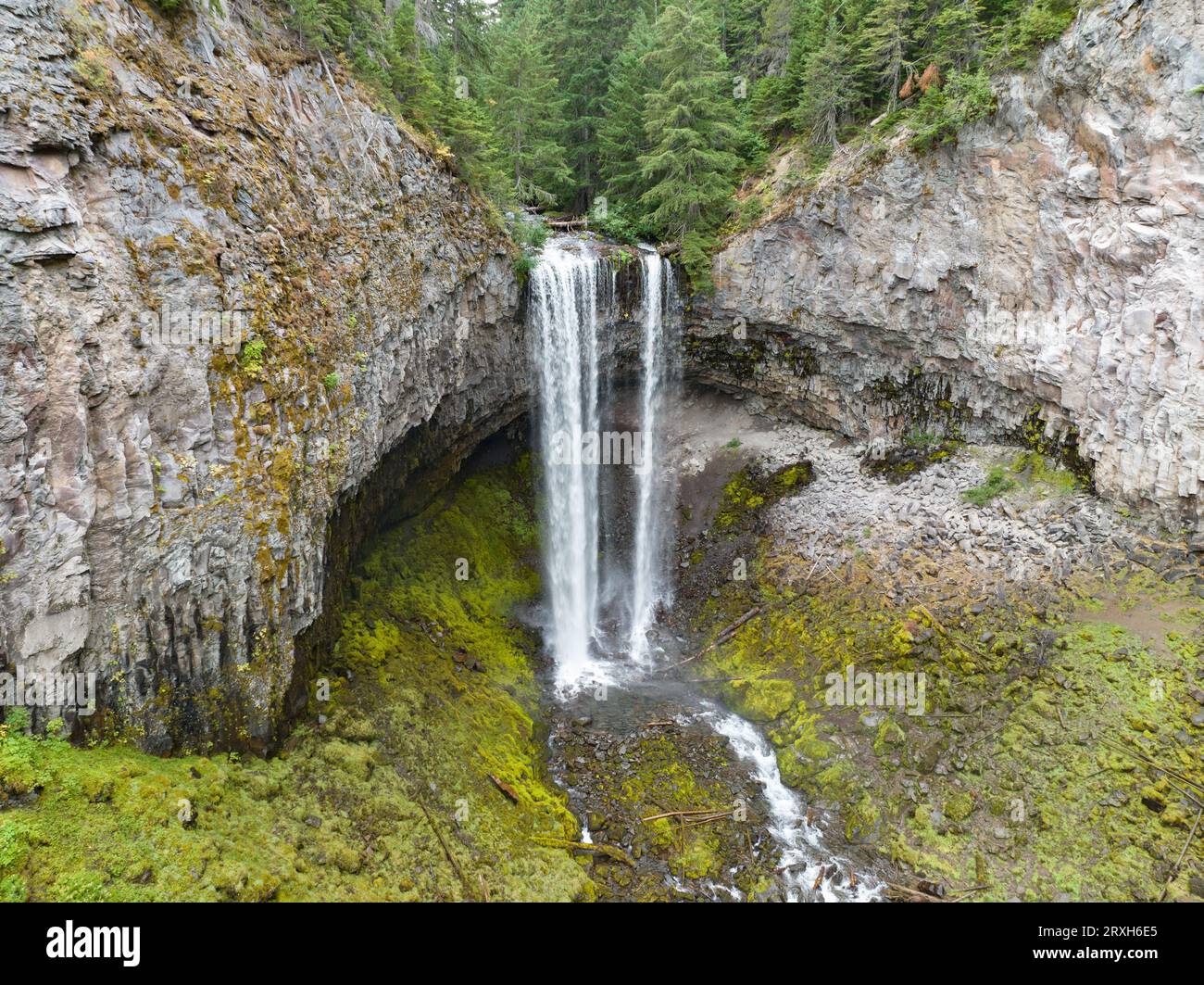 Si trova sul versante orientale del Monte Hood, non lontano da Portland, Oregon, le imponenti cascate Tamawanas cadono per oltre 150 metri in una splendida foresta. Foto Stock