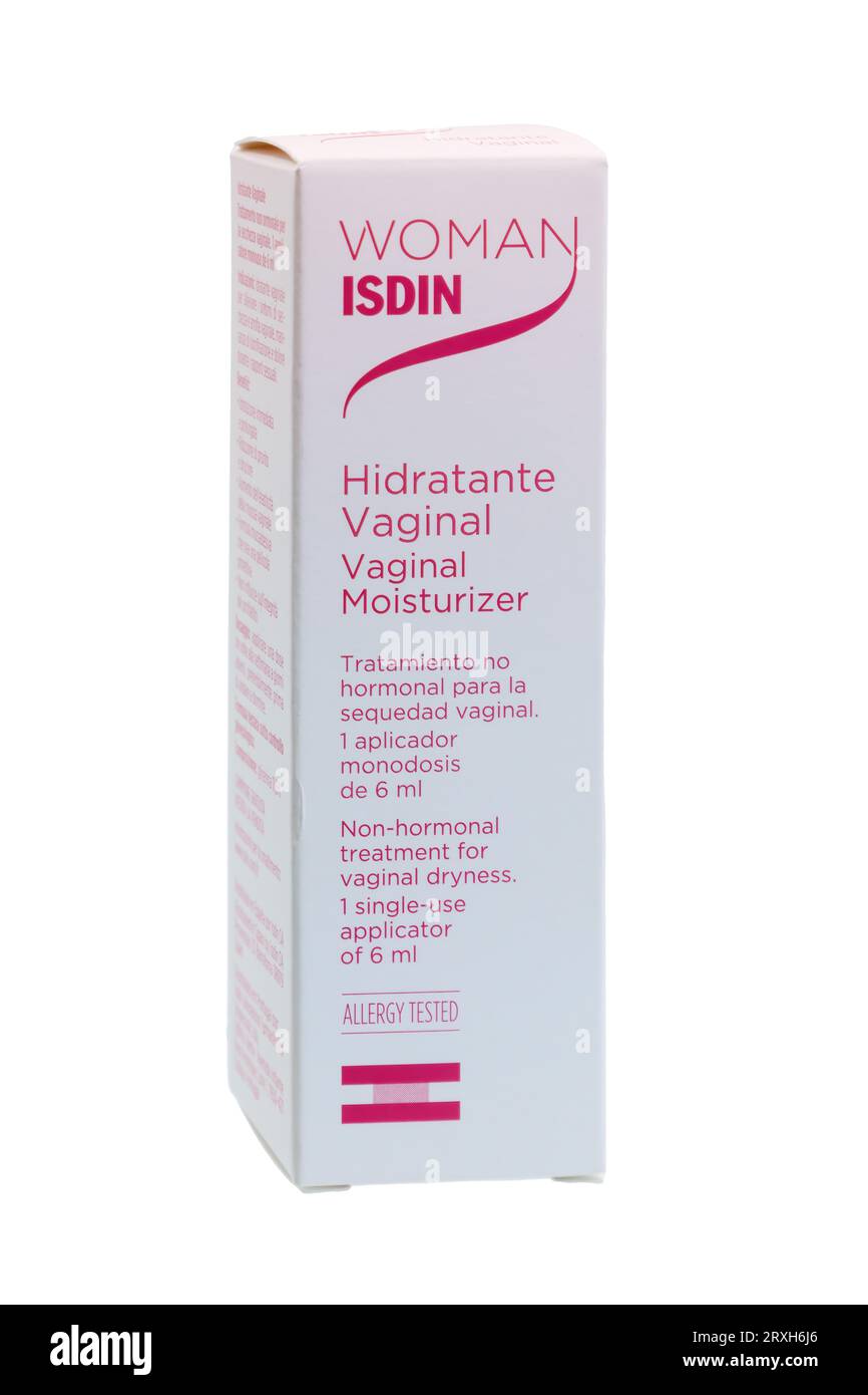 Huelva, Spagna - 25 settembre 2023: Donna ISDIN, gel di crema vaginale che allevia i sintomi di secchezza vaginale e atrofia, mancanza di lubrificazione e Foto Stock