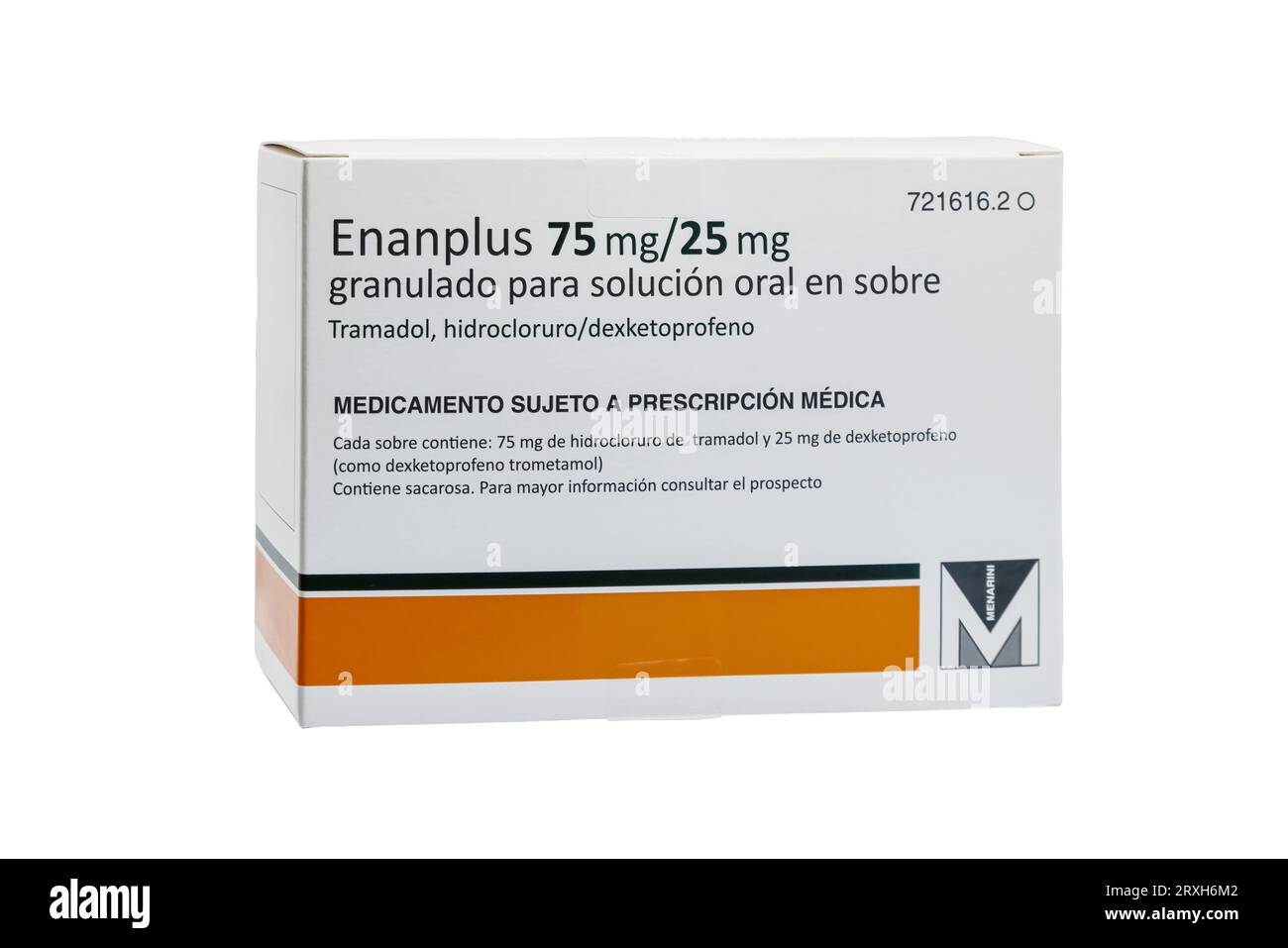 Huelva, Spagna - 25 settembre 2023: Scatola spagnola di Enanplus, una combinazione di Dexketoprofen e Tramadol utilizzata per il trattamento sintomatico a breve termine Foto Stock