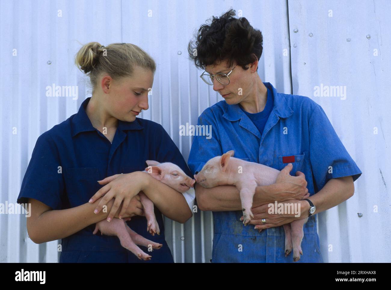 La donna e sua figlia hanno dei maialini; Bennet, Nebraska, Stati Uniti d'America Foto Stock