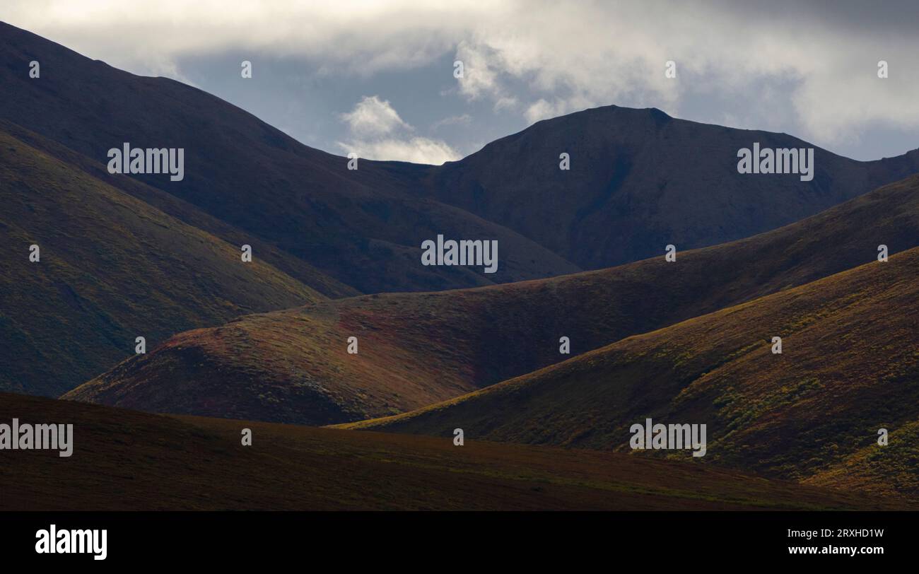 Picchi di montagna sotto la luce soffusa del sole filtrata. L'autunno arriva lentamente dopo una calda estate dello Yukon. Le montagne sono illuminate dalla luce della tempesta che crea ... Foto Stock