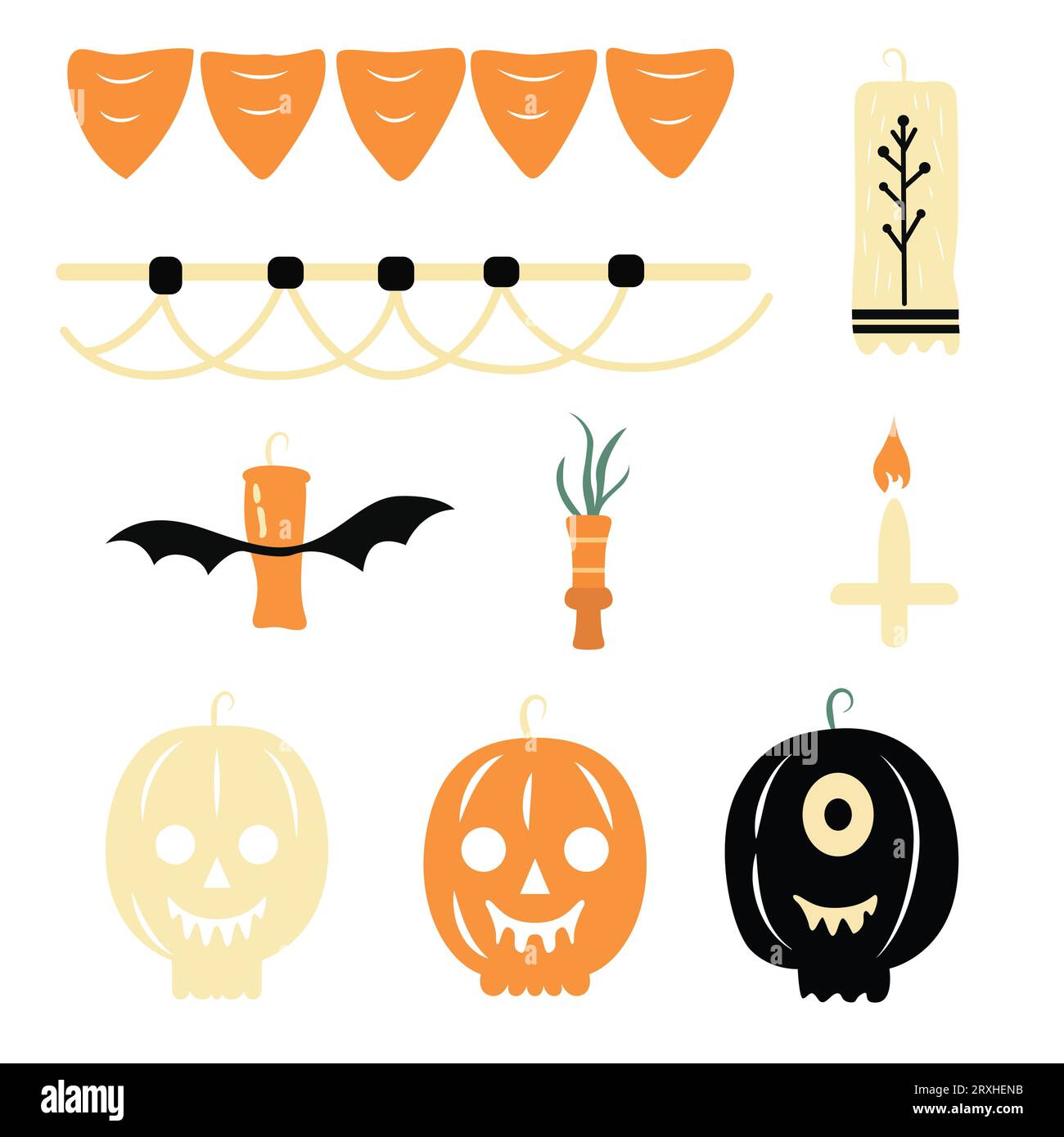 Set di elementi vettoriali di Halloween - zucche, bandiere e candele spaventose in pastelli arancioni e gialli Illustrazione Vettoriale