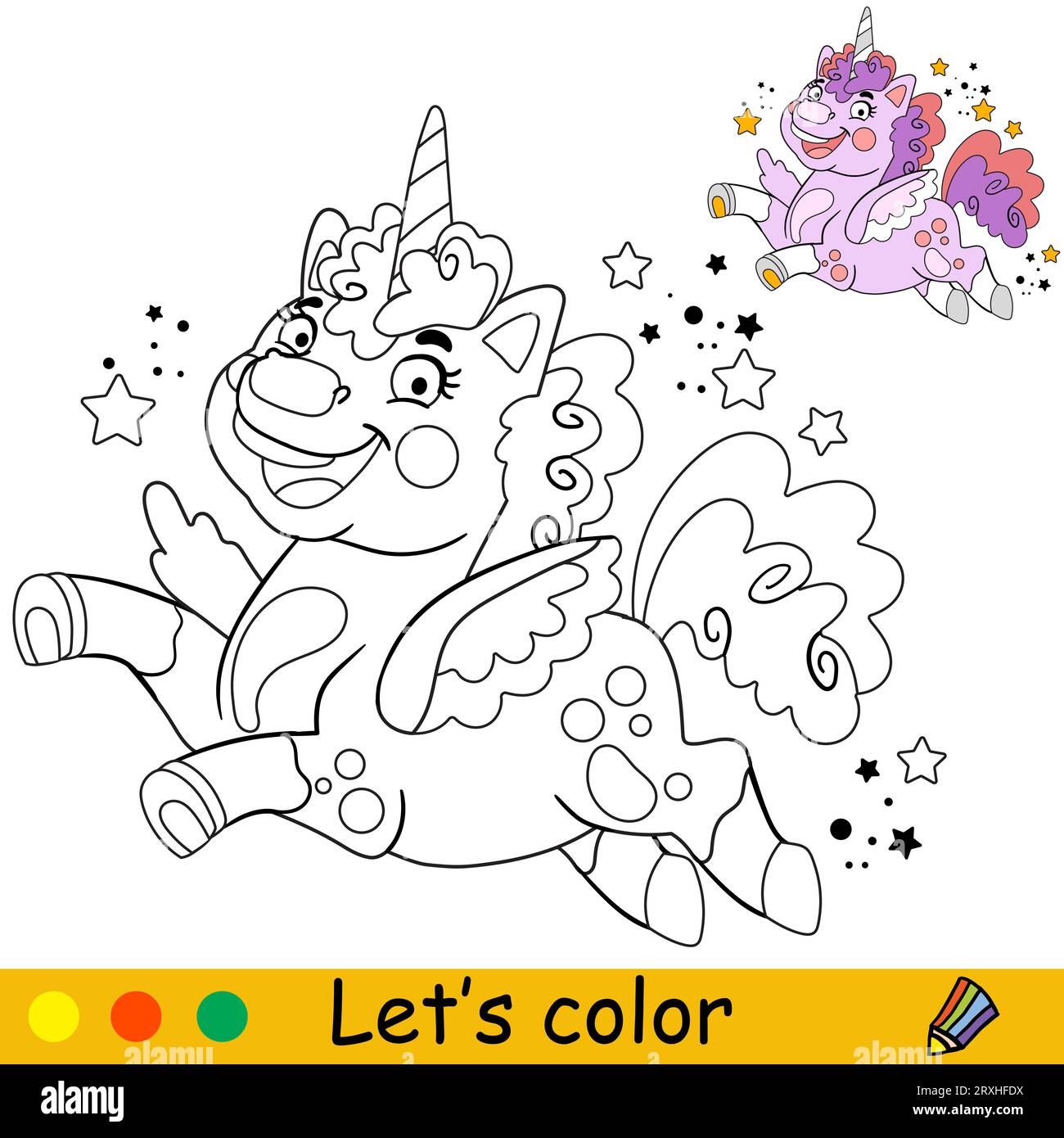 Cartoni animati unicorno soffice con sfondo astratto. Pagina di libri da colorare per bambini. Unicorn. Illustrazione vettoriale isolata in bianco e nero con co Illustrazione Vettoriale