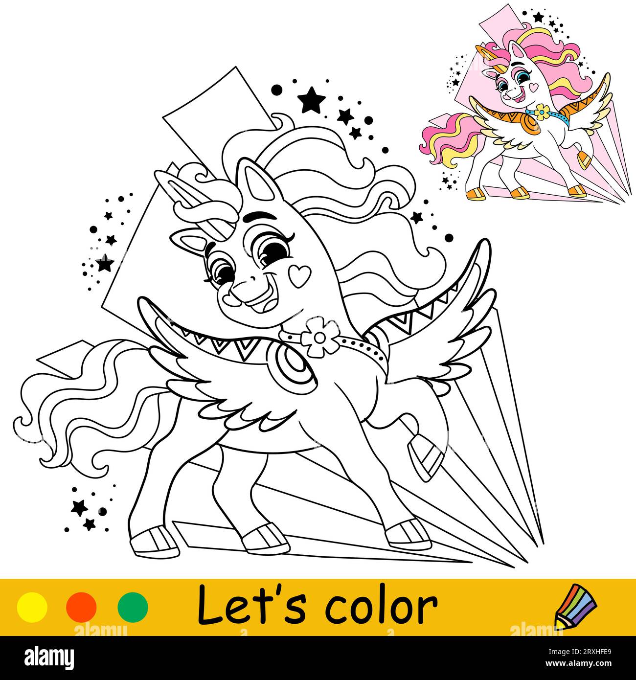 Cartoni animati, allegro unicorno con sfondo astratto. Pagina di libri da colorare per bambini. Unicorn. Illustrazione vettoriale isolata in bianco e nero con co Illustrazione Vettoriale