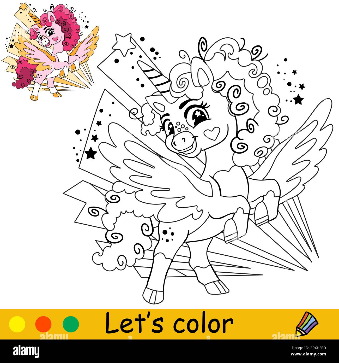 Cartoni animati simpatico unicorno con sfondo astratto. Pagina di libri da colorare per bambini. Unicorn. Illustrazione vettoriale isolata in bianco e nero con colorazione Illustrazione Vettoriale