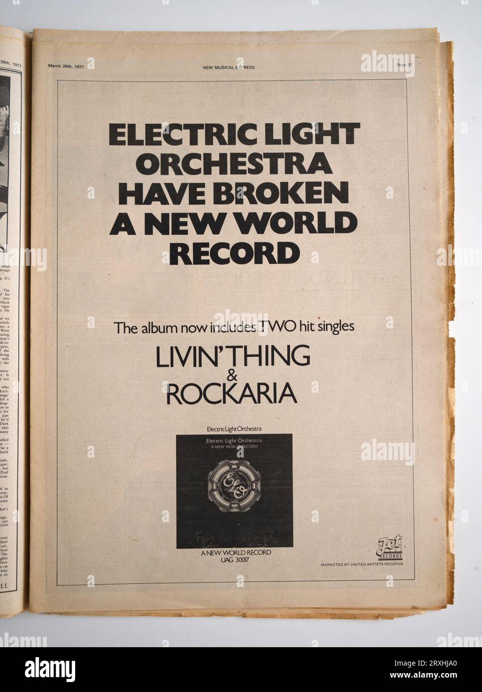 Pubblicità per ELO o The Electric Light Orchestra nel numero degli anni '1970 del NME New Musical Express Music Paper Foto Stock