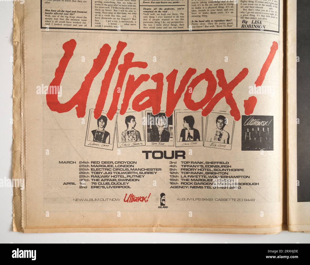 Annuncio per il tour ULTRAVOX nel numero degli anni '1970 del New Musical Express Music Paper Foto Stock