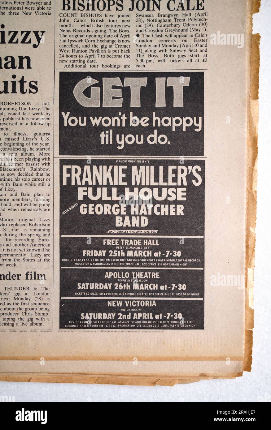 Pubblicità per Frankie Millers Full House in un numero degli anni '1970 di NME New Musical Express Music Paper Foto Stock