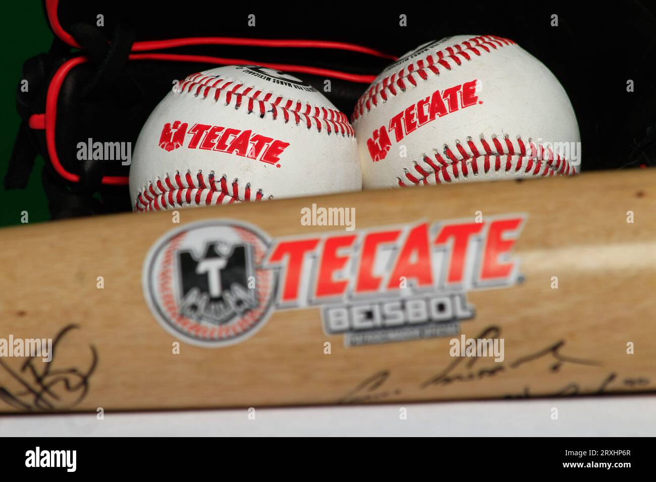 Logo Tecate, guanto, palla, pipistrello, accessori baseball, attrezzature da baseball, Logotipo Tecate, Guante, pelota, bat, accesorios del Besbol, allestimento de Beisbol, (foto: Luis Gutierrez/ NortePhoto.com) Foto Stock
