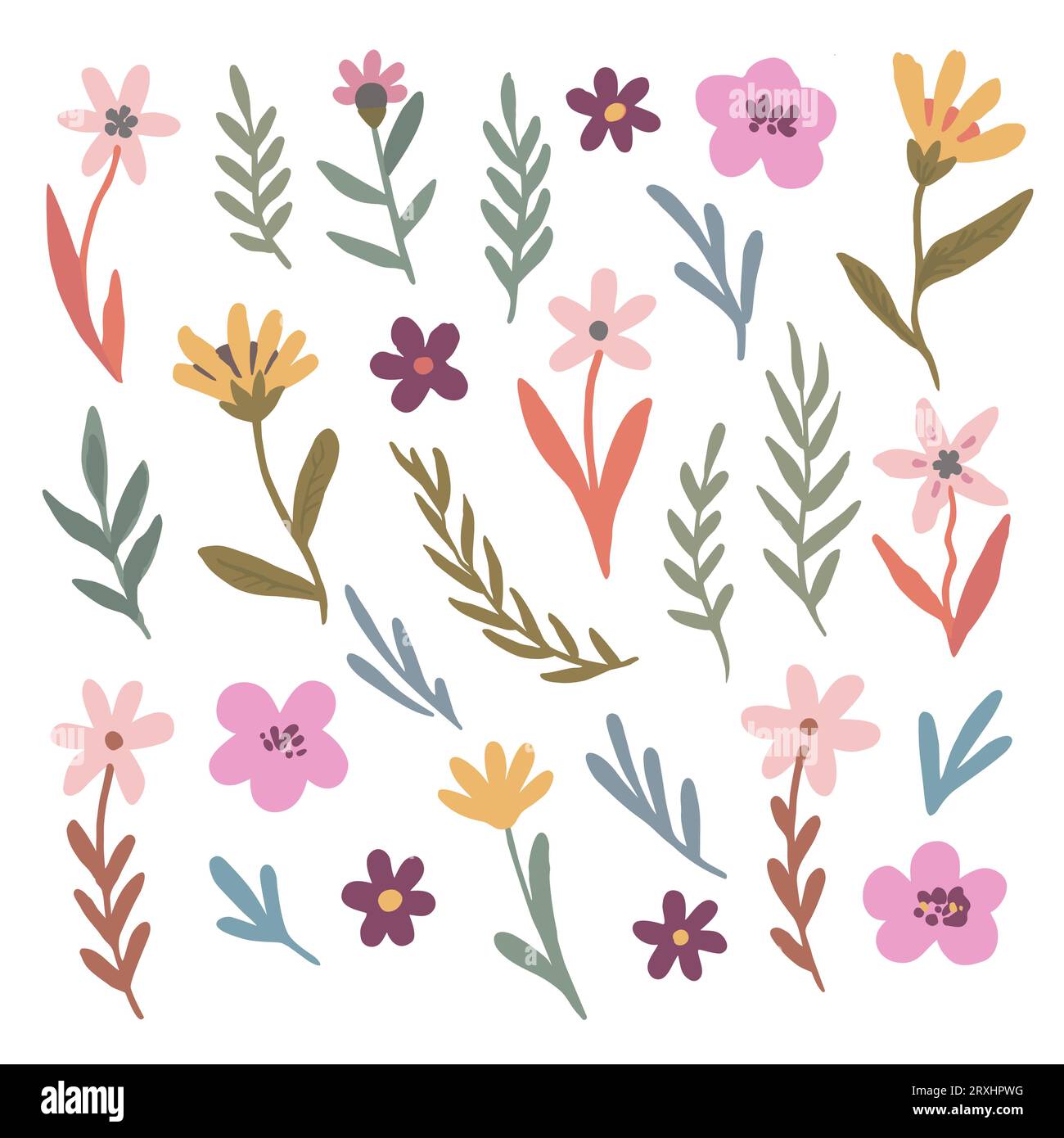 Set grande di semplici elementi floreali. Illustrazione vettoriale disegnata a mano. Illustrazione Vettoriale