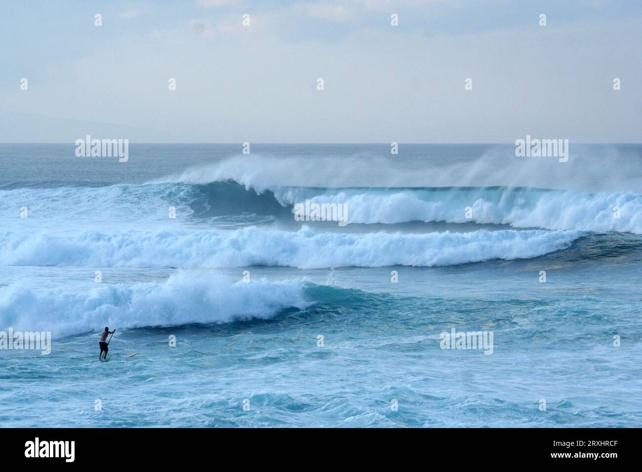 Pagaiando cavalcando le onde al tramonto, Hookipa Beach Park, Maui, Hawaii. Foto Stock