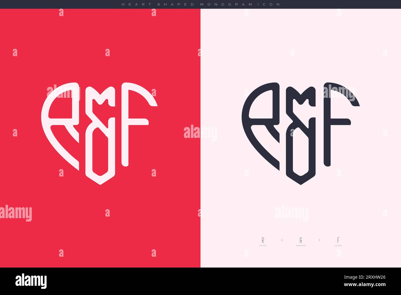 Lettere RF iniziali con cuore rosso e logo Love icona piatta concetto monogramma Illustrazione Vettoriale