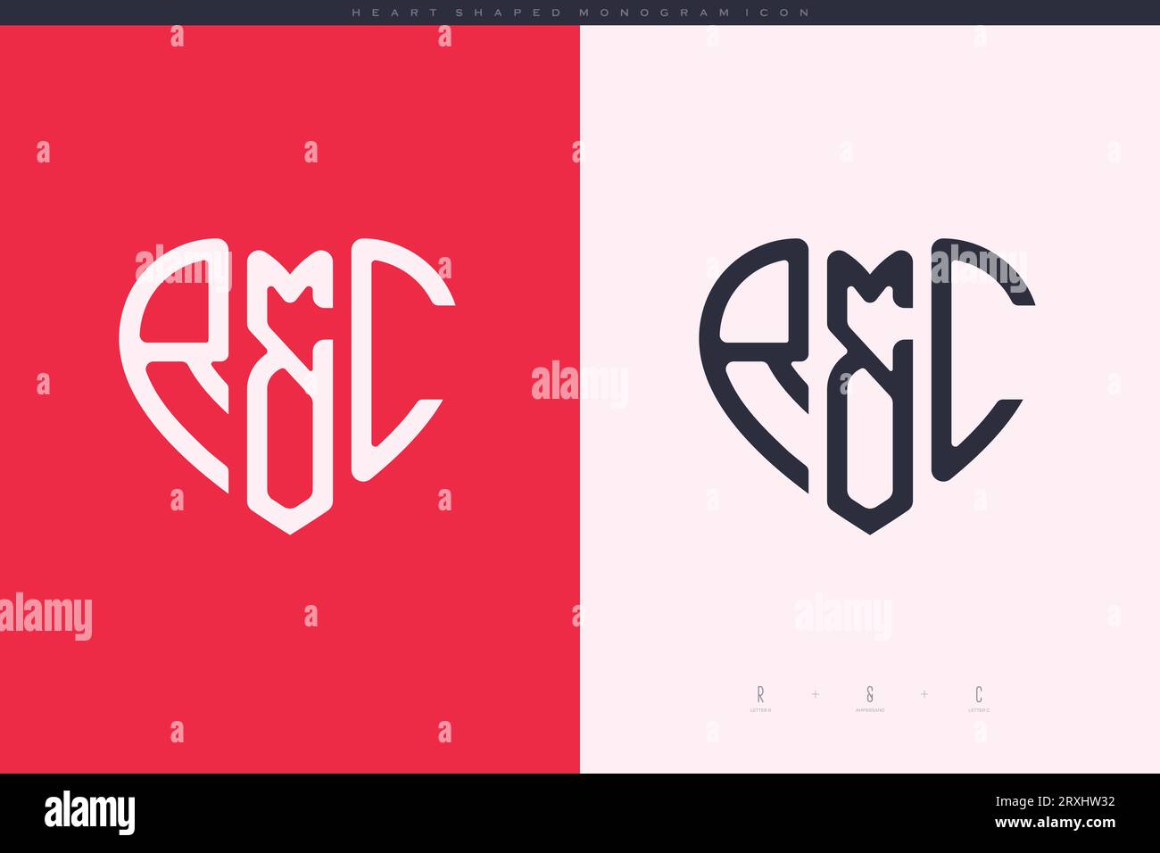 Lettere RC iniziali con cuore rosso e logo Love icona piatta concetto monogramma Illustrazione Vettoriale