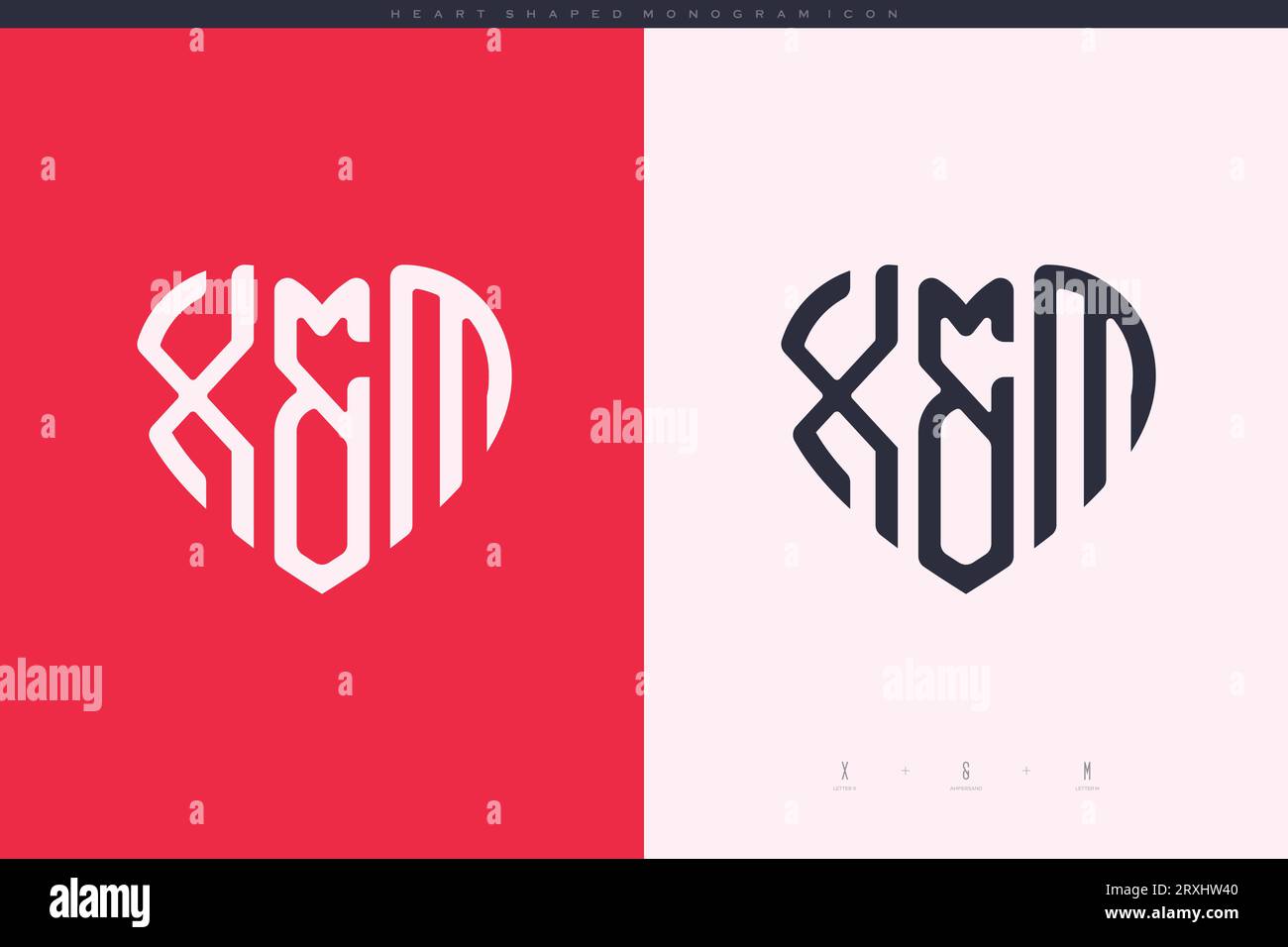 Lettere XM iniziali con cuore rosso e logo Love icona piatta concetto monogramma Illustrazione Vettoriale