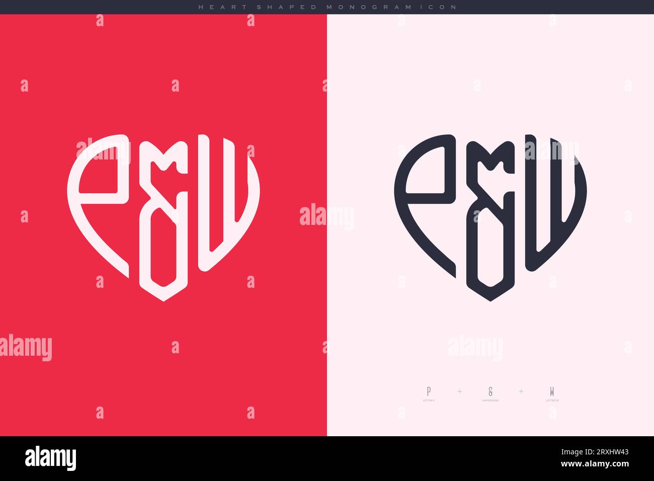 Lettere PW iniziali con cuore rosso e logo Love icona piatta concetto monogramma Illustrazione Vettoriale