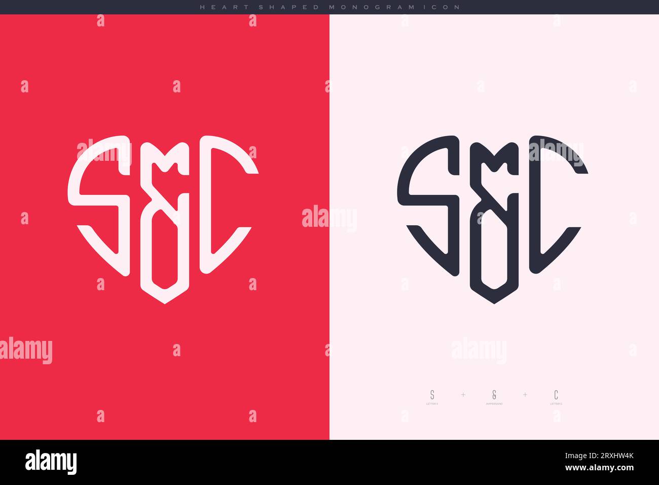 Lettere SC iniziali con cuore rosso e logo Love icona piatta concetto monogramma Illustrazione Vettoriale