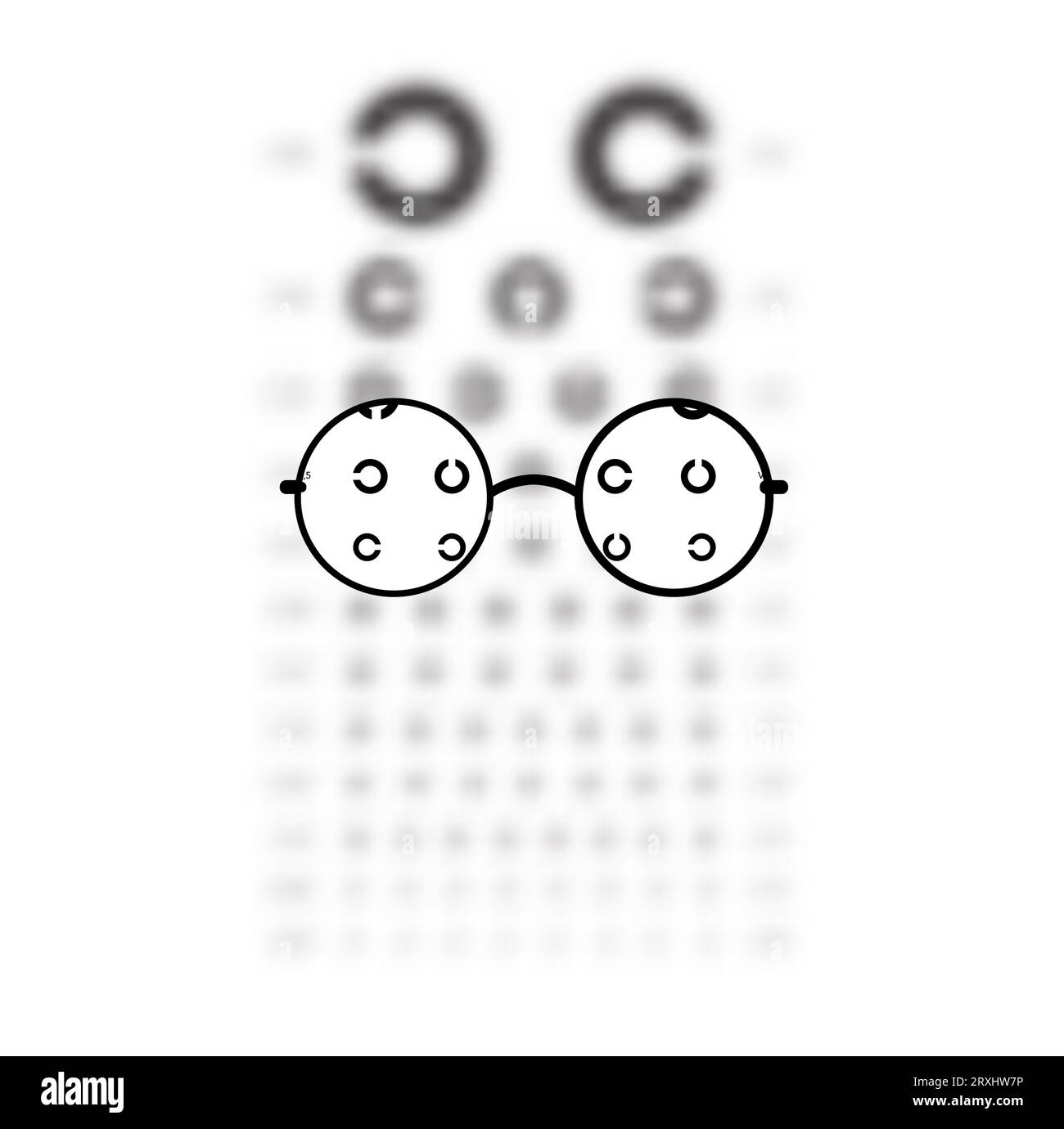 Occhiali ottici in Landolt C test oculare sfocato, visione della vista oftalmologo medico oftalmologo test optometria tabella Concept Care accessorio illustrazione vettoriale silhouette schizzo contorno isolato Illustrazione Vettoriale