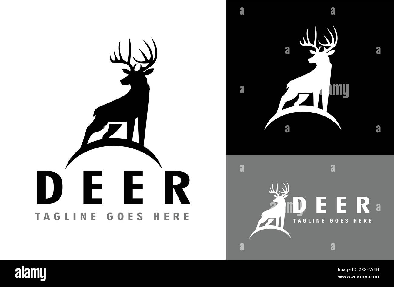 Wild Deer Antlers silhouette Adventure Logo Illustration Vector con sfondo nero, bianco e grigio Illustrazione Vettoriale