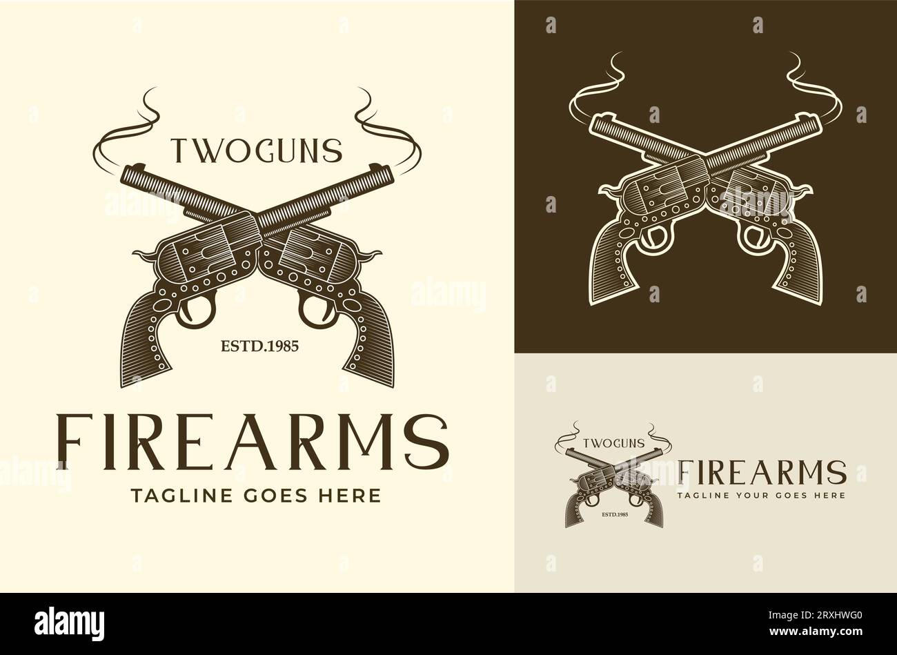 WESTERN Crossed Gun Cowboy Gun silhouette Revolver in stile vintage retro Illustrazione Vettoriale