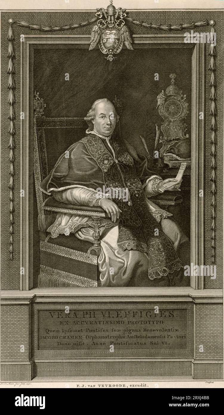 1792 , ROMA , ITALIA : il Papa PIO vi ( Papa PIO , 1717 - 1799 ) , il conte Giovanni Angelo o Giannangelo BRASCHI . È stato il 250° Papa della Chiesa Cattolica, eletto il 15 febbraio 1775. Figlio del conte Marco Aurelio Tommaso Braschi e della contessa Anna Teresa bandi. Pio vi condannò la Rivoluzione francese . Le truppe francesi comandate da Napoleone Bonaparte sconfissero l'esercito papale e occuparono lo Stato Pontificio nel 1796. Nel 1798, dopo il suo rifiuto di rinunciare al suo potere temporale, Pio fu fatto prigioniero e trasportato in Francia. Morì diciotto mesi dopo a Valence . Ritratto di Noach van de Foto Stock