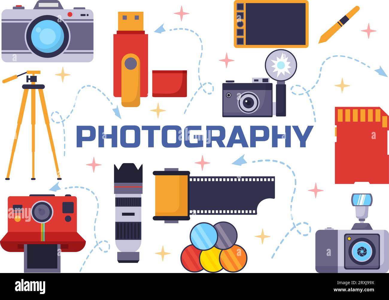 Fotografia illustrazione vettoriale con fotocamera e attrezzatura per catturare viaggi, turismo, avventura e ricordi in un disegno di sfondo di un cartone animato piatto Illustrazione Vettoriale