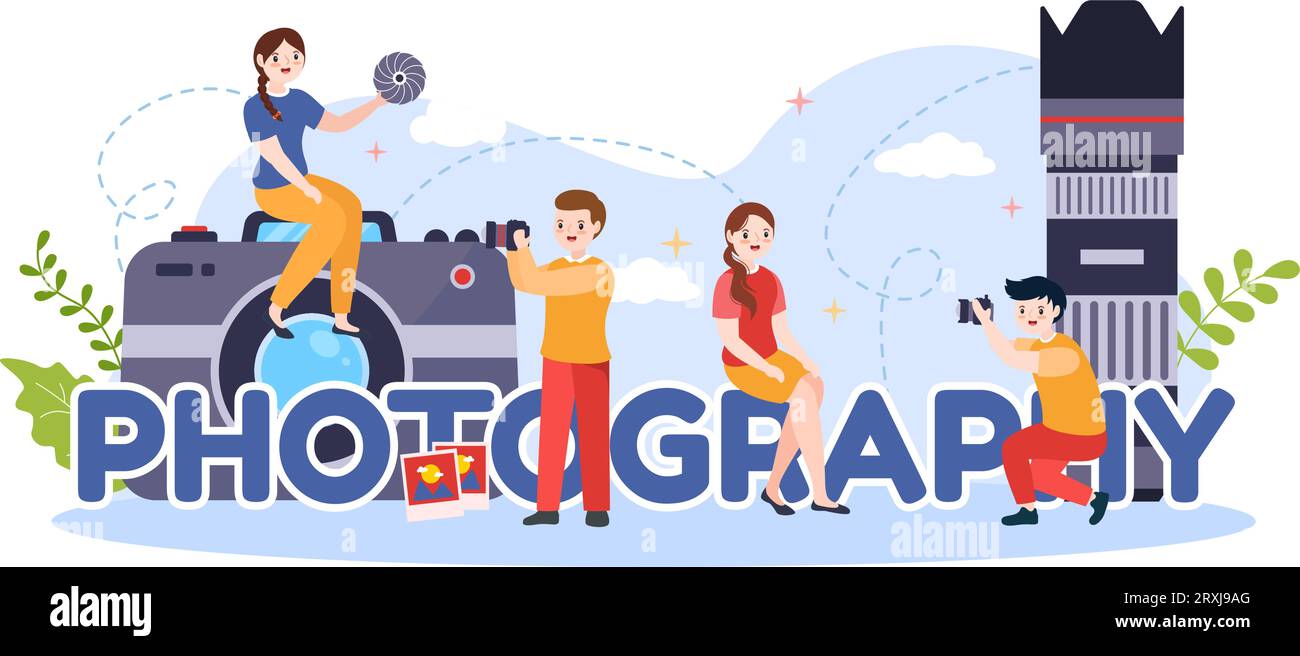 Fotografia illustrazione vettoriale con fotocamera e attrezzatura per catturare viaggi, turismo, avventura e ricordi in un disegno di sfondo di un cartone animato piatto Illustrazione Vettoriale