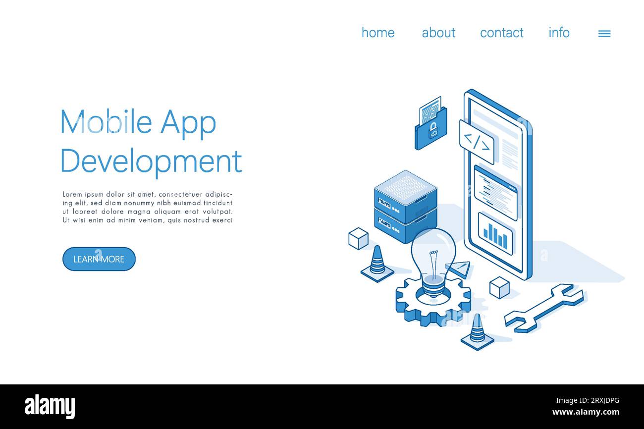 Concetto di sviluppo di app mobili modello di landing page. Vettore isometrico. Illustrazione Vettoriale