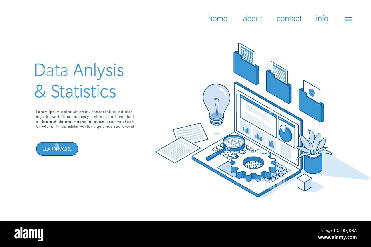 Modello di landing page analisi dei dati, statistiche aziendali, Gestione, consulenza, concetto di marketing. Vettore isometrico. Illustrazione Vettoriale