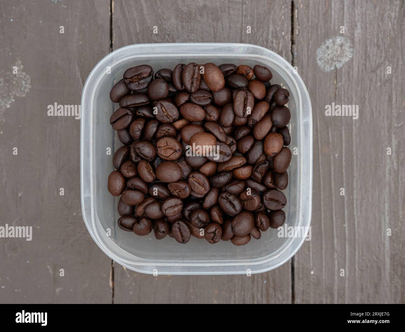 vista dall'alto dei chicchi di caffè in un contenitore di plastica trasparente Foto Stock