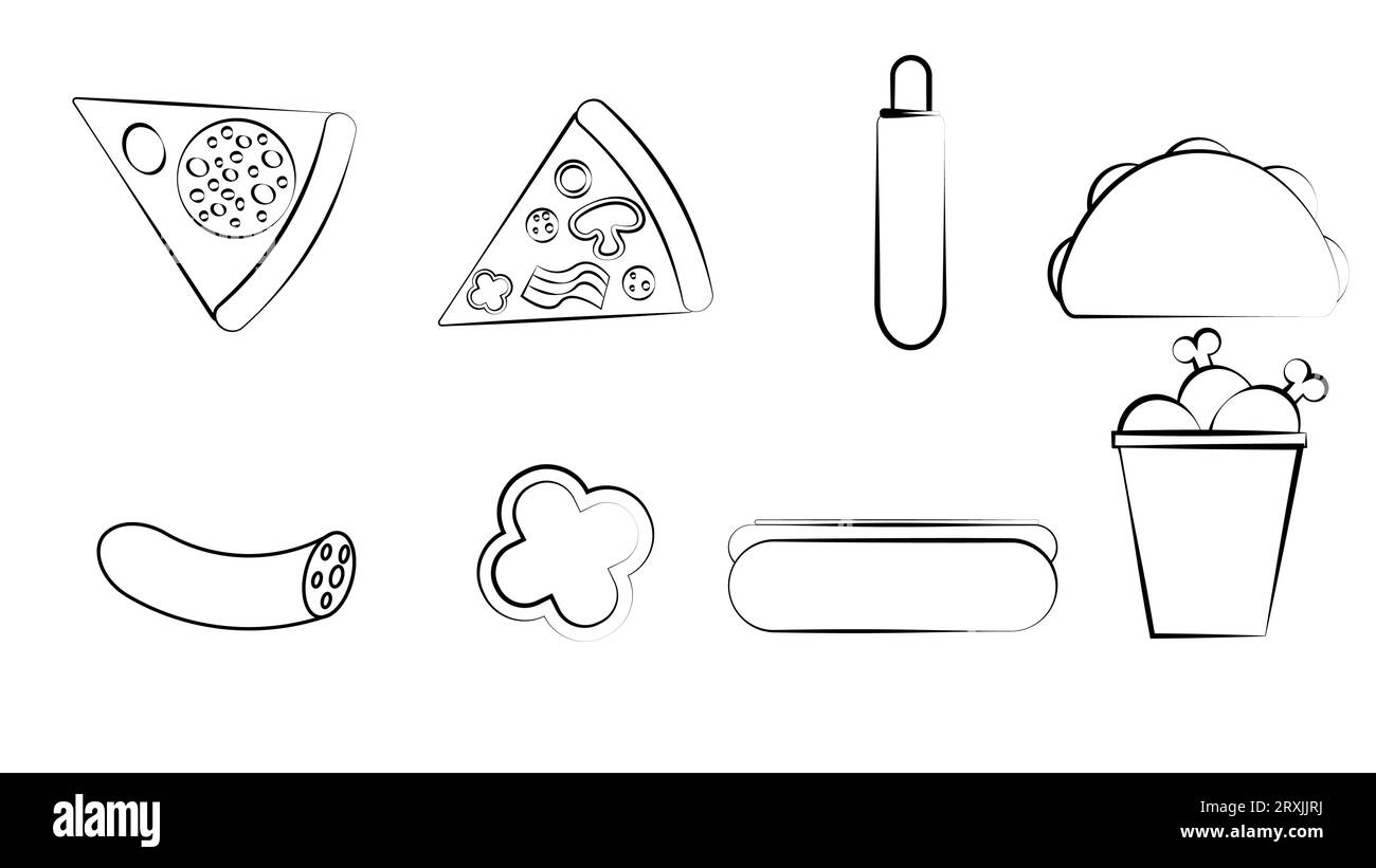 Set bianco e nero di otto icone di piatti deliziosi e spuntini per un bar-caffetteria del ristorante su sfondo bianco: pizza, hot dog, burrito, sausag Illustrazione Vettoriale