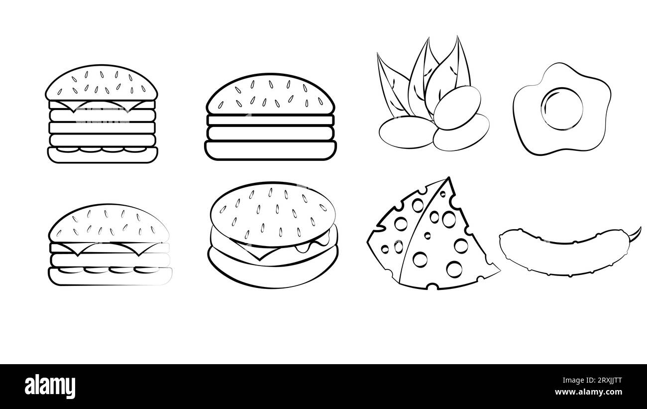 Set bianco e nero di otto icone di cibi deliziosi e spuntini per un bar-caffetteria del ristorante su sfondo bianco: hamburger, pistacchi, uova, formaggio Illustrazione Vettoriale