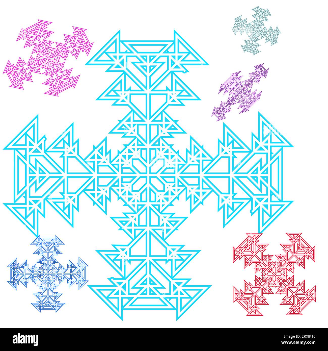 Croce astratta, fiocco di neve da triangoli. Splendido set di colorazioni, fantasie, rosa, rosso, blu, croci viola, ornamento. Illustrazione vettoriale. Illustrazione Vettoriale