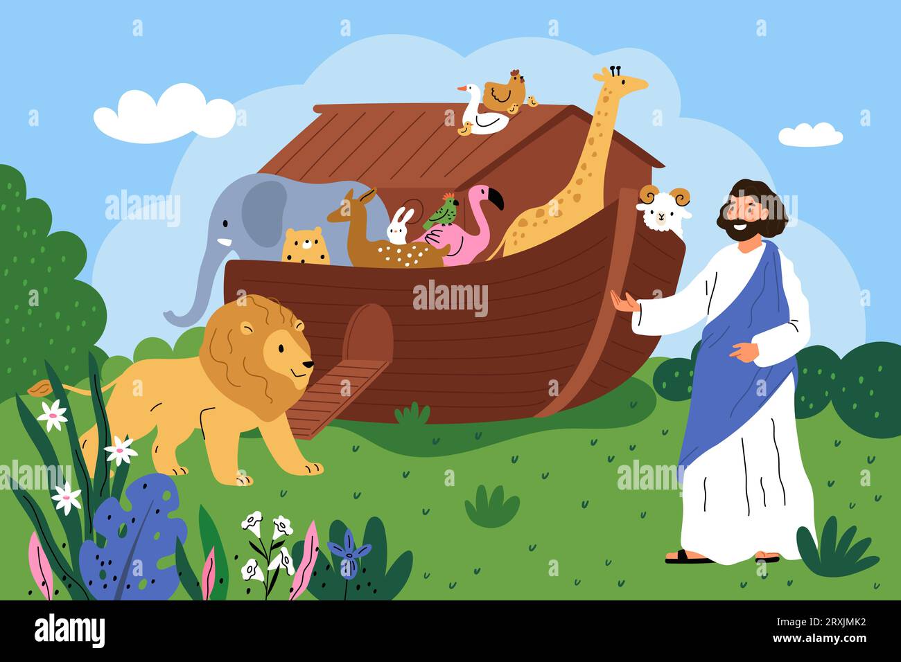 Scena biblica. Vecchio testamento. Arca Noah con animali selvatici. L'uomo barbuto in tunica raccoglie i personaggi della fauna sulla nave. Barca di legno. Religione cristiana Illustrazione Vettoriale