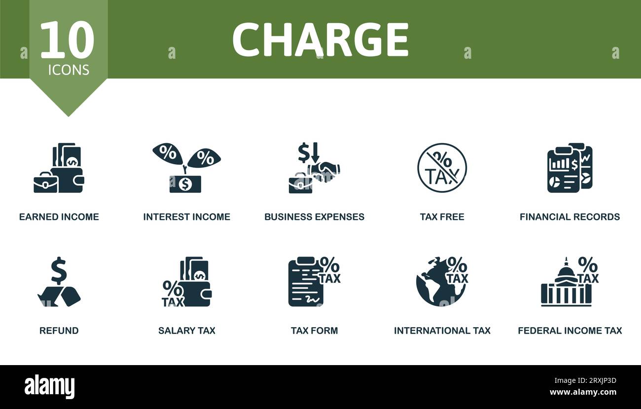 Set di ricarica. Icone creative: Redditi da lavoro, interessi attivi, spese aziendali, esentasse, dati finanziari, rimborso, imposta salariale, modulo fiscale, inernazionale Illustrazione Vettoriale