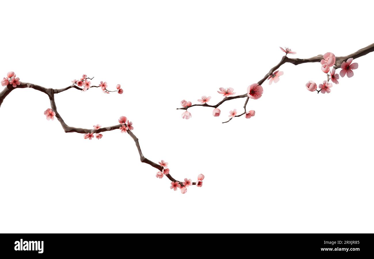 Fiore di prugna con pittura cinese di inchiostro stile, rendering 3D. Disegno digitale. Foto Stock