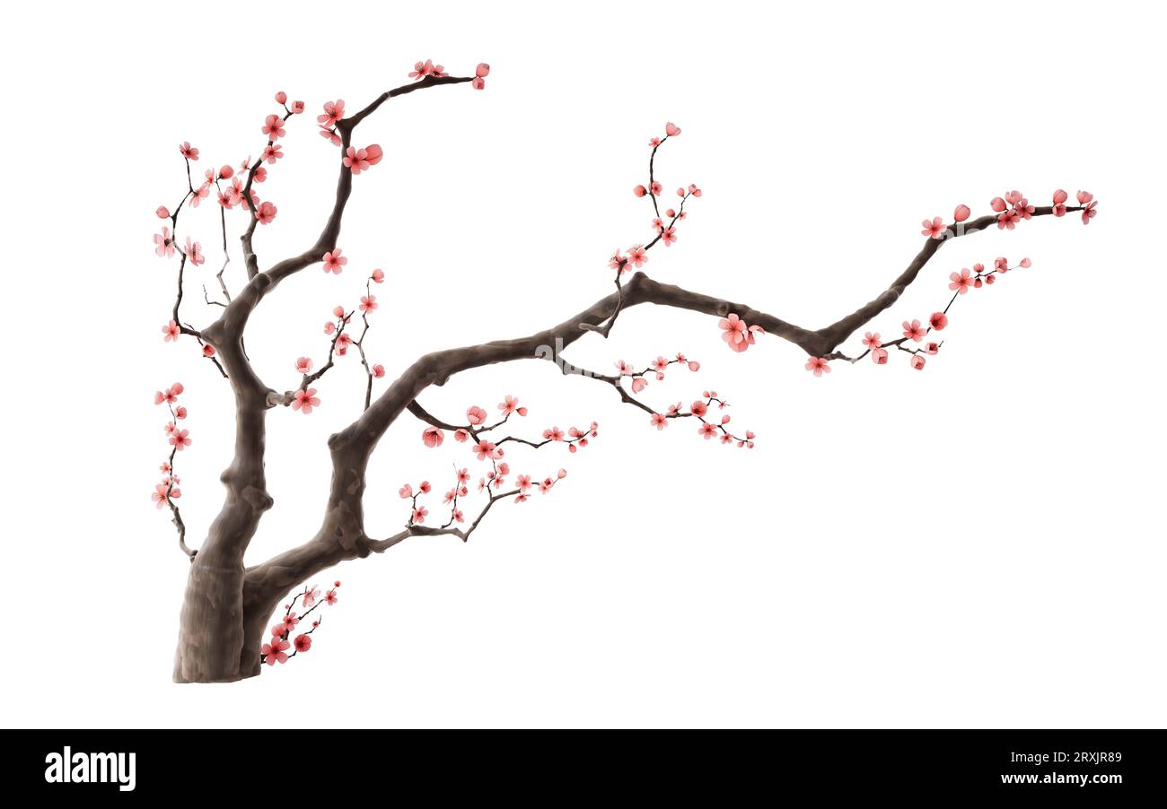 Fiore di prugna con pittura cinese di inchiostro stile, rendering 3D. Disegno digitale. Foto Stock