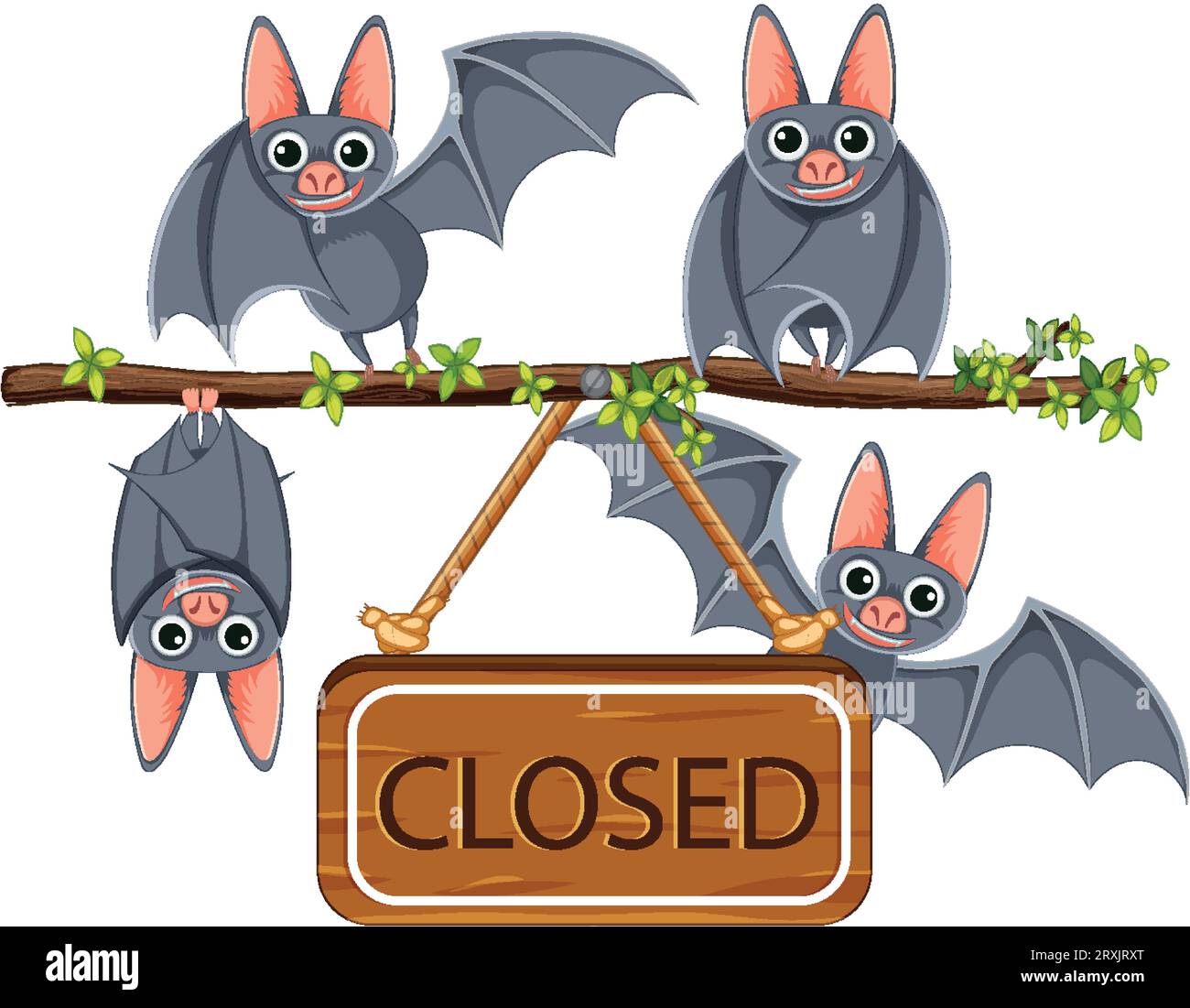 Un gruppo di pipistrelli appollaiati su un ramo di albero con un cartello chiuso appeso nelle vicinanze Illustrazione Vettoriale