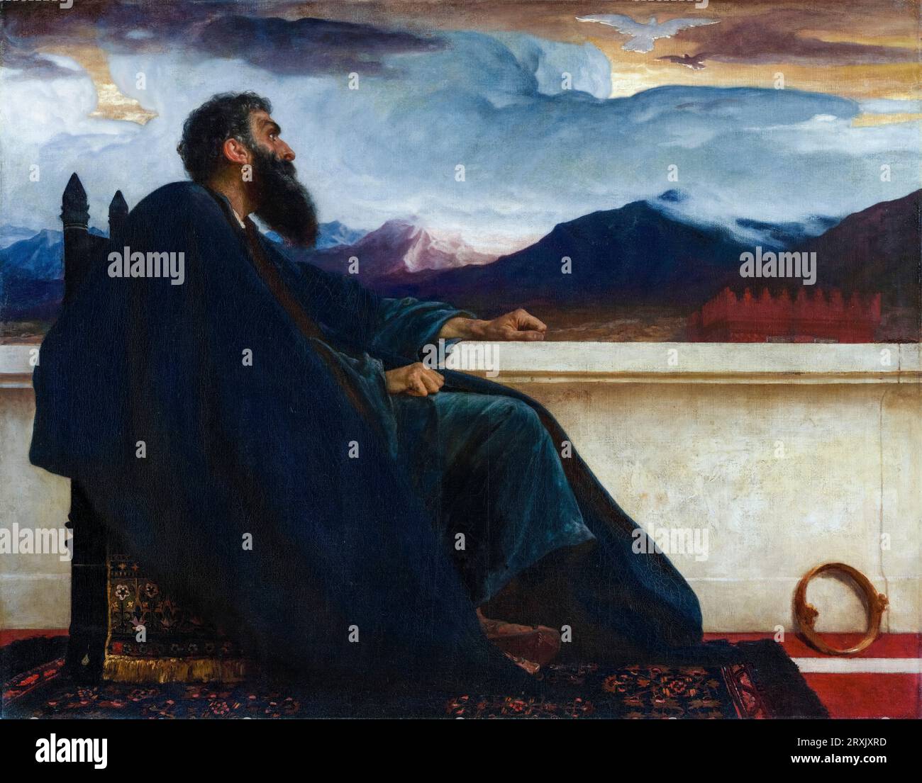 Re David: "Oh che avevo le ali come una colomba! Perché allora volerei via e sarei a riposo', Salmo 55:6, dipinto ad olio su tela di Frederic Leighton, 1865 Foto Stock